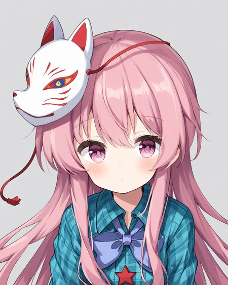 hata no kokoro,1girl, solo, plaid_shirt, v, mask_on_head, closed_mouth, long_sleeves, blush, looking_at_viewer, upper_body, simple_background, buttons, circle, bowtie, collared_shirt, fox_mask, grey_background, white_background
<lora:hata_no_kokoro_image5070_2023-12-20:1>,star-shaped_pupils,symbol-shaped_pupils,. gorgeous,key visual, vibrant, studio anime,award-winning, professional, highly detailed,high budget, cinemascope