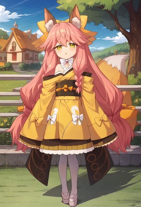 score_9, score_8_up, score_7_up, source_anime, prefect lighting, very aesthetic, intricate details, highly detailed background, masterpiece, high quality, prefect hands, best quality, 1girl, (shortstack:0.8), solo, <lora:aria.pony:1>, aria, pink hair, long hair, braid, yellow eyes, animal ear fluff, fox ears, fox tail, yellow hair bow, small breasts, yellow kimono, japanese clothes, long sleeves, sleeves past wrists, wide sleeves, white bow, bare shoulders, white pantyhose, obi, ribbon, white footwear, chestnut mouth, blush, outdoors, house, trees, night, night sky, looking at viewer, pov