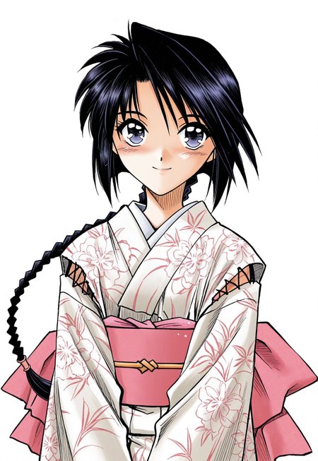 misao makimachi, short black hair, long braided ponytail, short angled bangs, short sidelocks, large eyes, thin eyebrows, petite body, rurouni kenshin, manga  
pastel floral kimono with wide flowing sleeves, decorative obi sash with large bow at the back, soft fabric folds, large ribbon in hair, smiling with blush, gentle bashful expression, close-up portrait, shoulders and face visible, head slightly tilted, solo character  
masterpiece, best quality, manga shading, soft lighting, traditional tone, clean background