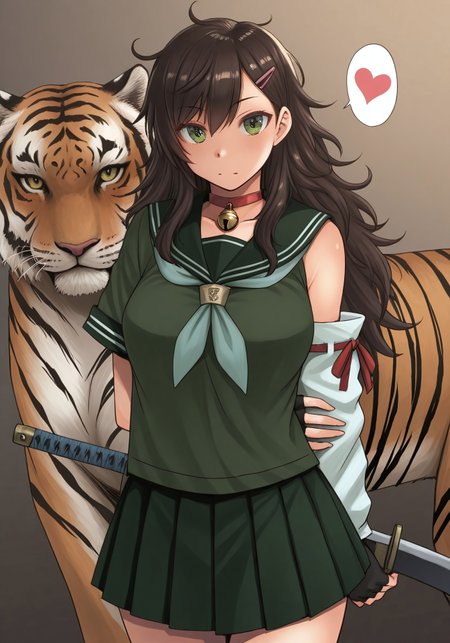 masterpiece, best quality, absurdres, highres, high quality, highly detailed 
kokuriu, detached sleeves, gloves, green shirt, heart, serafuku, fingerless gloves, tiger, asymmetrical sleeves,  messy hair, neck bell, weapon, hair ornament, skirt, arms behind back,