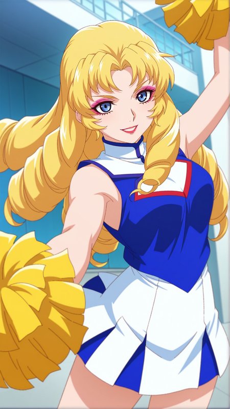 source_anime, general, best quality, masterpiece, 1girl,  <lora:Nellie_Oleson_ill:1> nellie oleson\(ggen\),blonde hair,drill hair, long hair, blue eyes,ringlets, makeup, cowboy shot, dynamic pose, dutch angle, cheerleader,