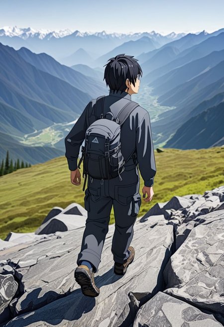 high resolution, professional photography, best quality, 1Boy, Kirigaya Kazuto, Black Hair, Black Eyes, overalldetail, hiking gear, mountains, hiking, stepping, amazed