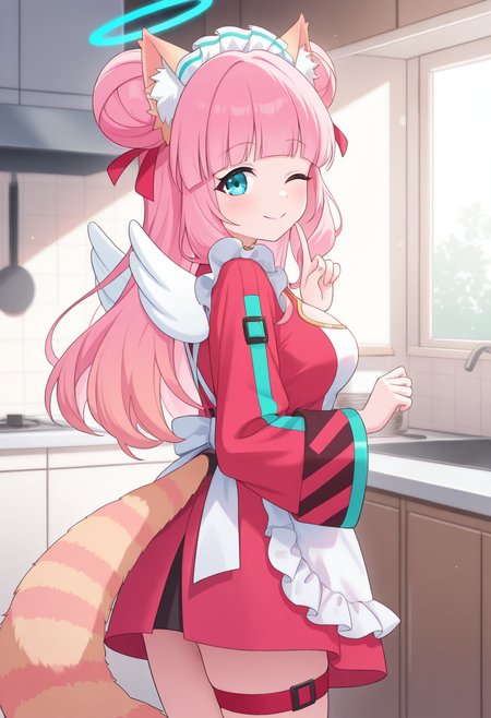 1girl,solo,<lora:leppanyoil:0.9>,leppanyo_(show_by_rock!!),blue halo,blue eyes,long hair,blunt bangs,pink hair,hair bun,hair ribbon,double bun,animal ears,wings,tail,cleavage cutout,dress,red dress,wide sleeves,long sleeves,red thigh strap,looking_at_viewer,cowboy_shot,looking_back,from_side,wink,smile,index_finger_raised,day,kitchen,white apron,maid_apron,masterpiece,best quality,good quality,newest,incredibly absurdres,
