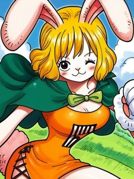 score_9, score_8_up, score_7_up, source_anime, 1girl, looking at viewer, blonde hair, rabbit ears, rabbit girl, furry female, very sexy, solo focus, looking at viewer, orange short dress, bare shoulders, green cape, white gloves, open clothes, smile, blush, cowboy shot, (dynamic pose:1.1), cute, medium breasts, thick thighs, sexy pose, dynamic angle, dutch angle, vegetation, sky, one eye closed, very happy, leaning forward, 
<lora:CarrotXLP_character:1> CarrotXLP,  <lora:PONYXL_OnePiece_MangaColored_ownwaifu:1> ARTSTYLE_OnePiece_MangaColored_ownwaifu,