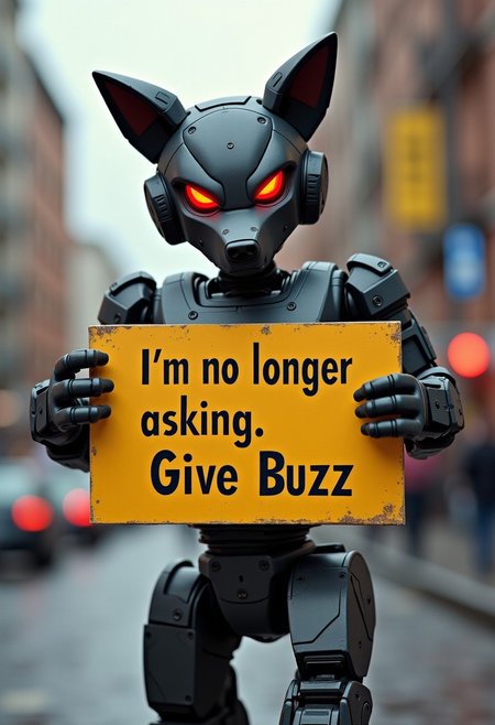 angry robot anthropomorphic wolf holding a sign that texts: "I'm no longer asking. Give Buzz”
