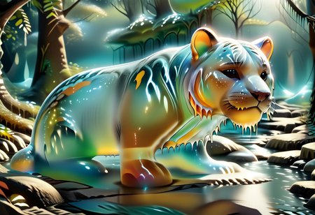 animal_guardian, tiger, a white tiger with black stripes, Tiger made out of slime, slime tiger in a jungle, jungle made out of slime, 
natural light, no bright spots, 
((translucent slime)), ((transparent slime)), made of water, (bioluminescent slime), sl1m3, slime, slime-morph, ais-blmn, saturated colors, no creatures, no humans, no monsters, no pokemon, watce, je11y, gummymorph