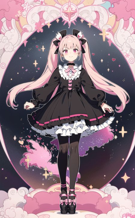 masterpiece, best quality, 1girl, solo, long_hair, from top, light smile, panorama, perspective, looking_at_viewer, bangs, skirt, shirt, pink hair, colored inner hair, long_sleeves, bow, ribbon, twintails, hair_bow, heart, pantyhose, frills, shoes, choker, blunt_bangs, black_skirt, pink_eyes, frilled_skirt, pink_bow, platform_footwear, pink_theme, jirai_kei, full body, night, street, skyscraper, neon trim, panorama, perspective, starry sky, pink background, dark, shadow, <lora:lumFromUruseiYatsura_v10_(0.2):1>