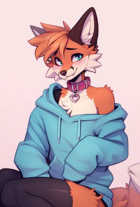 femboy fox, collar, stockings, hoodie, exposed shoulder, zPDXL  <lora:Femboy-000003:1>
