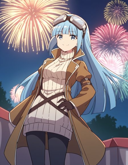 score_9, score_8_up, score_7_up, source_anime, <lora:bofuri-iz-s2-ponyxl-lora-nochekaiser:1>, iz, long hair, bangs, blue eyes, blue hair, blunt bangs,, gloves, long sleeves, dress, pantyhose, black gloves, sweater, coat, turtleneck, goggles, ribbed sweater, goggles on head, open coat, turtleneck sweater,, festival, fireworks, summer night, food stall, traditional, arms up,, smile, , hand on waist, elbow up, foot on tiptoe, solo,, cowboy shot, dutch angle