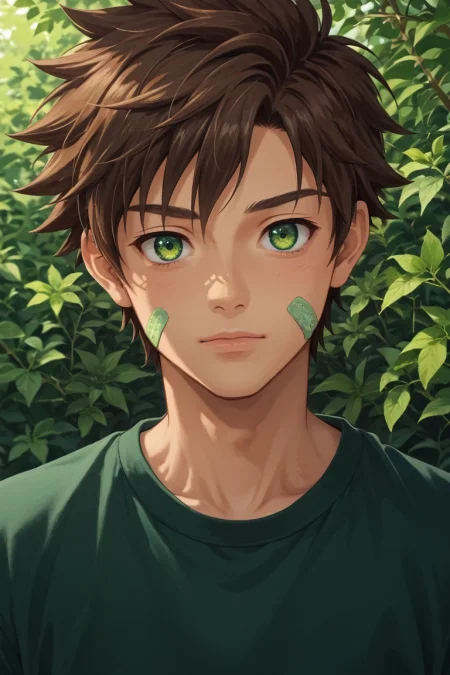 score_9, score_8_up, score_7_up, source_anime, rating_safe, , semi-realistic, looking at viewer, , 1boy, solo, male focus, <lora:keitaro_nagame_pony:0.98>, keitaro_nagame, brown hair, green eyes, short hair, bandaid on face, , , , <lora:sdxl_lightning_8step_lora:1>