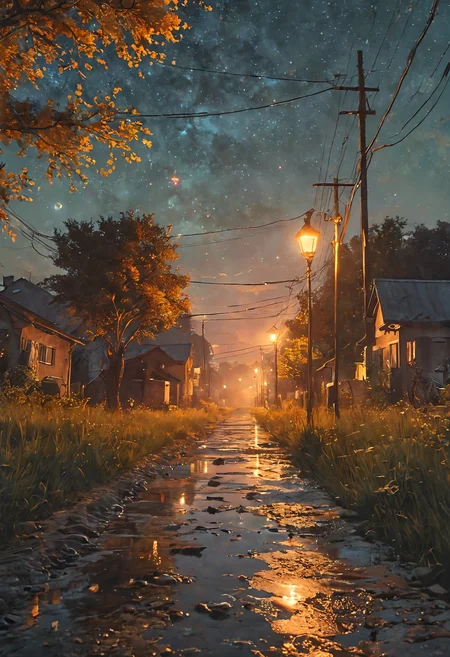 A starry night ride through a country road gas lamps, Country road, fields, fields, fields, matte painting, digital illustration, very vibrant colors, soft lighting, adventurous, atmospheric lighting, 8K, octane render, By Makoto Shinkai, Stanley Artgerm Lau, WLOP, Rossdraws, James Jean, Andrei Riabovitchev, Marc Simonetti, krenz cushart, Sakimichan, D&D trending on ArtStation <lora:add-detail-xl:1> <lora:MJ52:0.5>