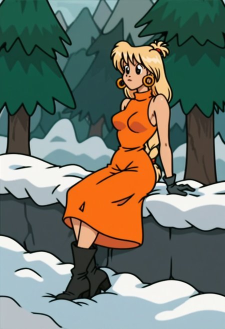 score_9, score_8_up, score_7_up, score_6 
woman, tiffany, kangoo,detailed eyes, detailed face, (retro artstyle, 1990s \(style\), flat color, toon \(style\)),1girl, female, dress, solo, female,black eyes, breasts, outdoors, red dress, snow, tree, signature, medium breasts, sleeveless dress, boots, black footwear, sleeveless, orange dress, closed mouth, bare shoulders, full body, body, alternate hair length, long hair, alternate hairstyle, arm support, gloves, sitting,blonde hair