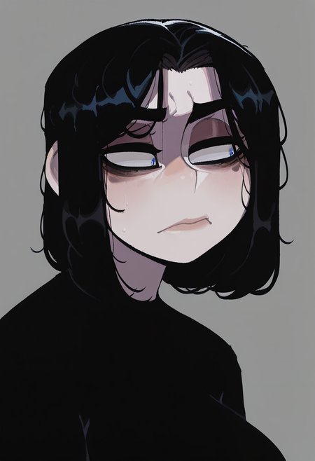 krekkov, (nyantcha:0.5), masterpiece, best quality, high quality, absurdres, 

portrait, solo, doomer girl, (pale skin), black hair, black shirt, 