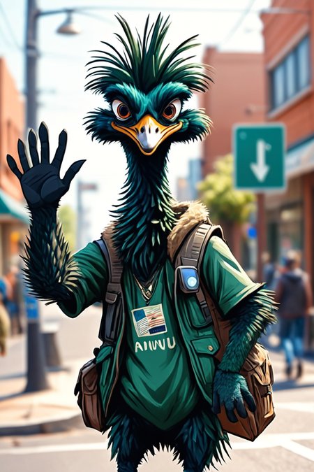 Detailed digital illustration of an anthro Emu (Waving hello, a friendly gesture) at a Surveillance cameras on every street corner, <lora:xl_more_art-full_v1:0.5>,  <lora:anthro_muscular:0.7>,  <lora:MJ52:0.6>, <lora:madpunk:0.4> madpunk