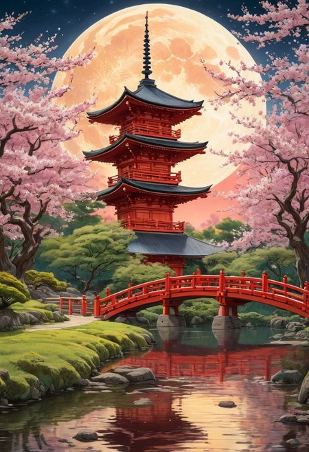 An intricately detailed scene of a traditional Japanese pagoda illuminated by warm red and golden light, surrounded by cherry blossoms and lush green trees. The night sky is dominated by a glowing full moon, casting a soft mystical light. A red arched bridge crosses a still pond, reflecting the structure and the moonlight. The atmosphere is serene, blending realism with a fantasy-like dreamscape. (anime, cyberpunk, Moebius (Jean Giraud) Style page)