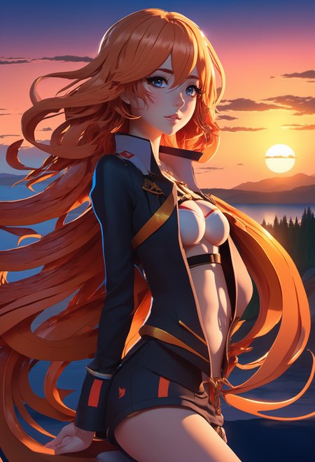 1girl, anime, beautiful girl with sunset hair, Long Layers, in a harrowing, Canadian dimension, hourglass figure, facing viewer<lora:envy_xl_test_5:0.75>