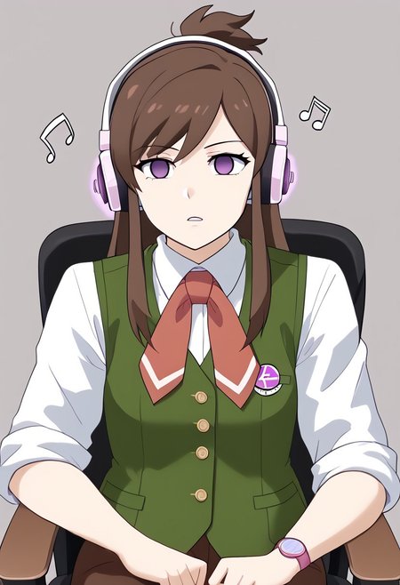 Ema being hypnotized by music from headphones,
score_9, source anime, lewd, 1girl,
mind control, hypnotized, empty_eyes, blank stare, slack jaw, hypnotic music, no pupils,
large headphones, music notes from headphones, leaning back in chair, swivel chair, hands hanging down, sound effects from headphones,
ema skye, half updo, white lab coat, sleeves rolled up, green vest, red neckerchief, brown pants
