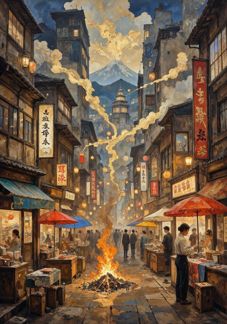 Brushstroked dreamscape in nihonga style depicting an ancient merchant district of Edo period Japan during a summer festival evening. Mineral pigments on silk canvas create luminous atmospheric perspective with floating lanterns illuminating towering merchant houses. Delicate gold leaf details highlight shop signage and architectural elements. Indigo-dyed noren curtains flutter in gentle breeze, embodying the concept of furyÅ« (refined elegance). Background features distant silhouette of Mount Fuji partially obscured by festival smoke and evening mist. Foreground shows detailed miniature scenes of daily commerce - artisans crafting paper umbrellas, textile merchants displaying brilliant bingata fabrics, street food vendors with glowing charcoal fires. Composition utilizes asymmetrical balance with intentional negative space (ma) between activity clusters. Warm amber and vermilion tones contrast with cool indigo shadows, expressing the yÅ«gen aesthetic of mysterious depth. <lora:Chris_Luka:0.6> <lora:aidmaMJ6.1-FLUX-v0.4:0.6> <lora:Memadukan_Brush_Strokes_of_Fineart:0.6> <lora:Anime realistic V2:0.3> <lora:FLUX-daubrez-DB4RZ:0.4> <lora:flux_dev:1>
