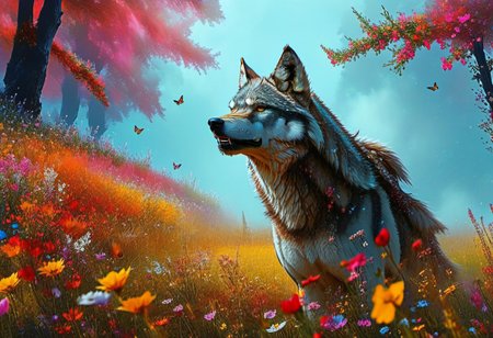 a mystical forest, light fog, a majestic wolf gently walks on the meadows, picturesque colors flowing in sync with the dance of life, a colorful meadow with many different flowers, early dew, small drops of dew on the flowers and grass, the first rays of the sun, colorful butterflies