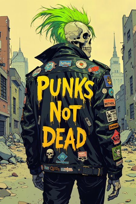 a skeleton with green mohawk in a black leather jacket with "PUNKS NOT DEAD" sprayed on the back. Every word is different color. Theere are also a lot of punk badges and patches on the jacket.He is standing in a ruined city. DB4RZ, DB4RZ style painting, NeoPigma, in the style of cksc, anime, cyberpunk, a masterpiece, award winning,<lora:CPA:0.5><lora:FLUX-daubrez-DB4RZ:0.3><lora:NeoPigmaV3:0.35><lora:ck-shadow-circuit-000021:0.35>