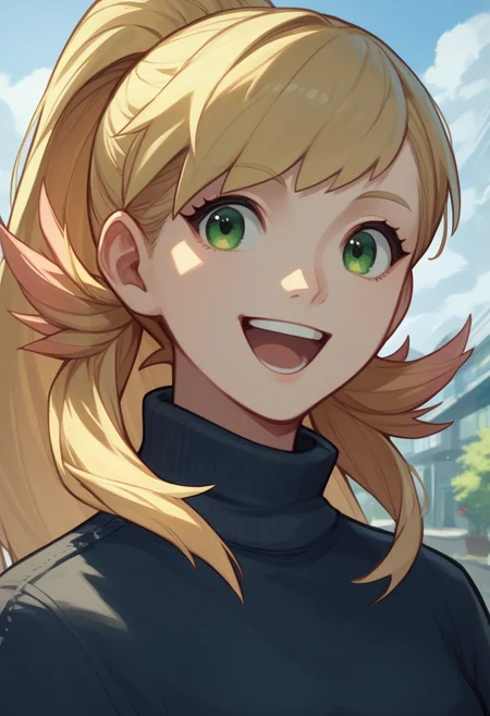 score_9, score_8_up, score_7_up, source_anime BREAK 1girl, solo, <lora:sharena-fe-richy-v1_pdxl:1> sharenarnd, green eyes, blonde hair, long hair, ponytail, smile, open mouth, casual, turtleneck,