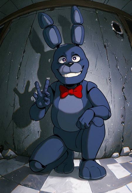 masterpiece, best quality, amazing quality, very aesthetic, absurdres, newest, detailed background,
cartoon, screencap, 
bonnie, rabbit ears, red bowtie,, 1boy, joints, animatronic
crouching, fisheye, fisheye lens, rock gesture, on knee, checkered floor, grey walls, teeth, smile,