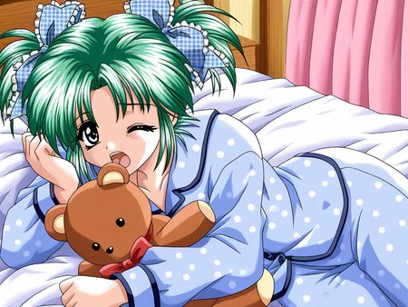 general,highres, ultra-detailed,very aesthetic,best quality ,best hands, BREAK <lora:Minase_Ruka_Akumu_AoiKajitsunoSange_IS:1>
Minase_Ruka, 1girl, solo, green hair, short twintails, blue eyes, hair ribbon, blue plaid ribbon, 
one closed eye,
blue pajamas, long sleeves, pajamas, teddy bear, on bed, shirt, hand up, curtains, polka dot,
Yawn,