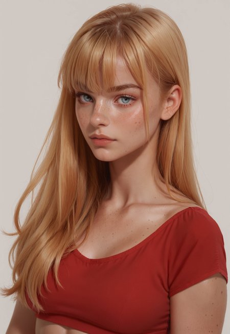 1girl, simple background, freckles, long hair, blonde, bangs, 

red crop top, 

upper body, 

score_8, score_9_up,