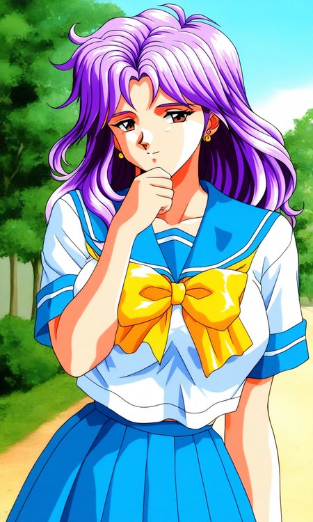 general,highres, ultra-detailed,very aesthetic,best quality ,best hands, BREAK <lora:Kagami_Mira_Tokimeki_Memorial_IS:1>
Kagami_Mira(Tokimeki_Memorial), 1girl, solo, purple hair, long hair, Parted bangs, earrings, large breasts, brown eyes,
blue school uniform, serafuku, jewelry, yellow bow, Yellow bow, blue skirt, 
blue sailor collar,  pleated skirt,  short sleeves,hand on own chin,
outdoor, tree, sky,