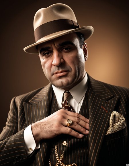 (Long focal length shot:1.7), longshot, A portrait of Al Capone, very  intimidating and pissed expression, in his signature pinstripe suit, golden ring and watch, borsalino hat, highly detailed, realistic rendering, vintage sepia tones,trending on Artstation, hyperrealistic, hyperdetailed, intricate, textured, telezoom photography, short depth of field, (800 mm focal length:1.5), telephoto lens image, bokeh, professional, 4k, highly detailed