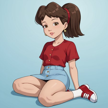 <lora:EmmyDragonTales:1> emmy(dragon tales), 1girl, solo, emmy, brown hair, ponytail, brown eyes, red shirt, red hairband, overall skirt, shoes, earrings, jewelry