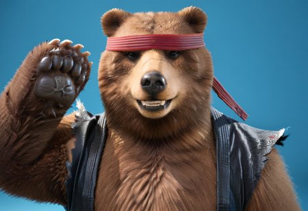 score_9, score_8_up, score_7_up, Expressiveh, masterpiece, best quality, highly detailed, realistic,  1boy, solo, (KumaTK, furry, feral, bear, dark-brown eyes, black nose, scratched nose, brown body, brown fur, red hairband, dark-grey gi top, martial arts uniform, vest, torn sleeves), upper body, ((blue background, simple background)), smile, looking at viewer, closed mouth, teeth, front view, waving, 5 fingers, black paw pads, bear paws