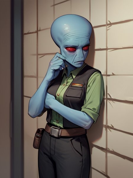 score_7_up, score_8_up, score_9, masterpiece, (1girl, solo,)perfect face, perfect hands, high quality, source_anime, cowboy shot, <lora:Duros_-_Star_Wars:1> duros, colored skin, alien, red eyes, blue skin, bald, hiding behind corner, black vest, green undershirt, black pants, utility belt, medium breasts,
