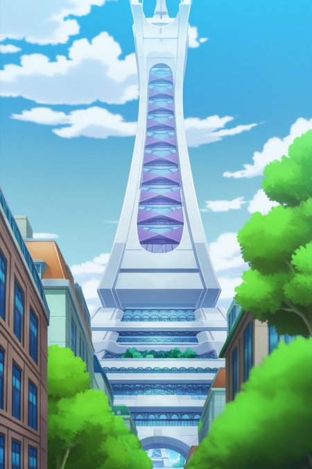 anime, animification, anime screencap, anime coloring, vivid colors, depth of field, high quality, highres, lumiose city, outdoors, sky, day, cloud, tree, prism tower, tower, blue sky, no humans, cloudy sky, building, scenery, architecture
 <lora:Lumiose_city-10:1>