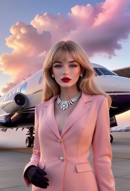 James Bond 007 style, foggy airport runway at dawn, award-winning film still of 4ng3l face egirlmakeup young skinny woman in front of luxury private jet, full body, colorful sexy outfit, skinny, high heels, long thin legs, freckled pale skin, blunt bangs, very long shiny blonde hair down front, glossy red lipstick, delicate feminine features, driving gloves, sparkling diamond necklace, blushing pink cheeks, purple pink orange fog clouds, epic, 8k, highly detailed, interesting and captivating