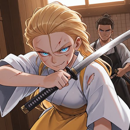 best quality, colorful, masterpiece, detailed_background, amazing_quality, uhd, high quality, <lora:Wendy_-_Waffle_House-000008:1> wh-waitress, 1girl, blonde hair, blue eyes, white kimono, holding katana, backlighting, glowing eyes, blood, blood on face, smirk, solo focus, aiming at viewer, torn clothes, injury,  <lora:DetailedEyes_V3:1> BREAK mutliple boys,