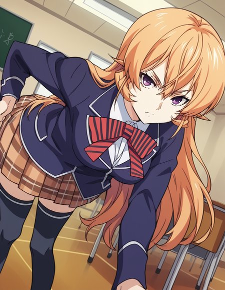 score_9, score_8_up, score_7_up, source_anime,
erinanakiri, <lora:erina-nakiri-s1-ponyxl-lora-nochekaiser:1>,
erina nakiri, long hair, orange hair, purple eyes, hair between eyes,
skirt, thighhighs, bow, school uniform, jacket, pleated skirt, shoes, black thighhighs, zettai ryouiki, plaid, plaid skirt, blazer,
indoors, classroom, bent over,
looking at viewer, cowboy shot, dutch angle, solo,