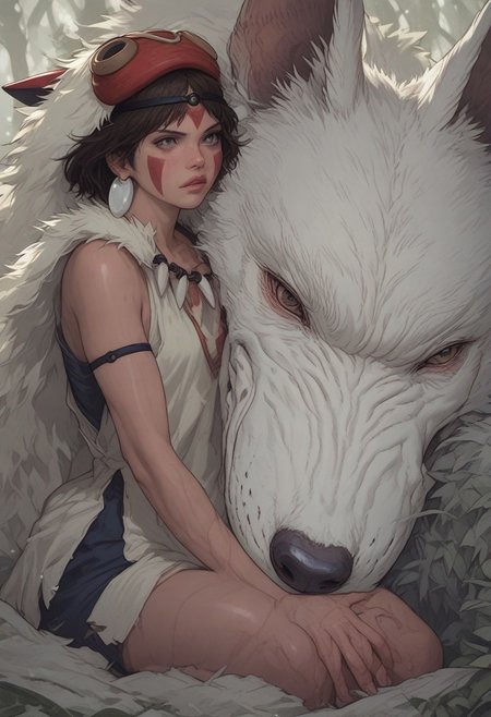 score_9, score_8_up, score_7_up,  1girl, San(/Princess Mononoke)/,(ultra HD quality details), pale skin, brown hair, facepaint, brown eyes, short hair, mask on head,
shiny skin, eye contact, fur cape, crystal necklace, sleeveless_shirt,
tilted angle, moody lighting, p3tl0v3, white wolf, hugging white wolf, dim lighting, medieval fantasy, perfect quality, high quality, photorealistic, sitting BREAK orange and blue hue, (abstract:0.2), expressiveH