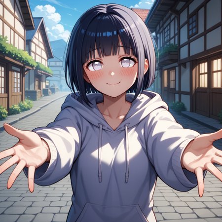 score_9, score_8_up, score_7_up, 
BREAK, 1girl, hinata hyuuga, short hair, black hair, no pupils, shiny hair, white eyes, hoodie, hood down, shy, blush, solo, arms outstretched, giving hug, standing, smile, pov, outdoors, anime village, Expressiveh