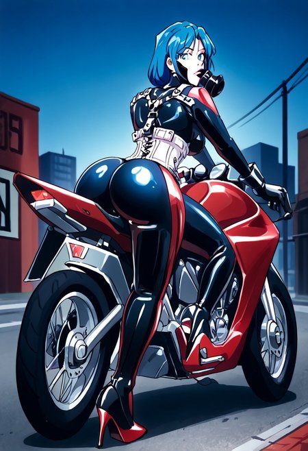 SCB, gas mask, 1girl, adult, blue hair, blue eyes, black latex body suit, corset, gloves, harness, high heels, on motorcycle, bike-posing, red motorcycle, motor vehicle, ass, bent over, from behind, riding, leaning forwards, ass up,  from behind, looking back, in a city.