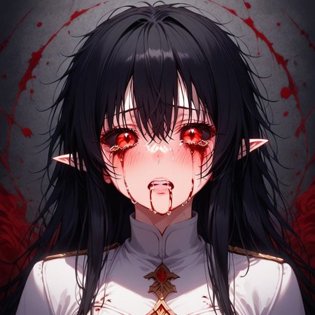 Drestoria-Style_V2, (masterpiece), (best quality), source_anime, perfect anatomy, digital_media_(artwork) hi_res, intricate, high quality, amazing quality, Highly Detailed, Perfect Face, elf, knight, ((red eyes, black sclera:1.4), black hair, messy hair, long hair, wild hair), semi-realistic, nose, detailed background, (full body, full body view), Bloody Tears