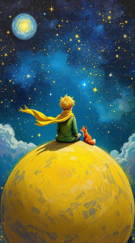 Create a vibrant impressionist-style oil painting shows the back of The Little Prince, sit on the top of a big yellow planet, wearing a long yellow scarf, green cloth, Blonde short hair, and a fox, universe, background is the star night from the painting Van Gogh, oil brush art sref, 32k uhd, hyper-detailed rendering