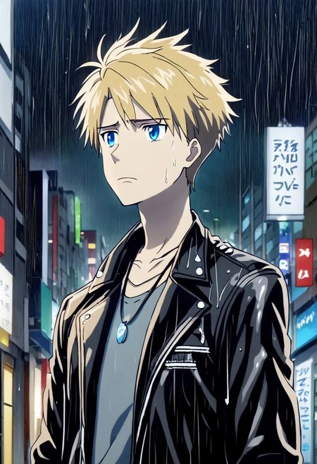 high resolution, professional photography, solo, best quality, 1Boy, Yamato Ishida, Blond Hair, Deep Blue Eyes, Necklace, heavy rain, downtown, night, looking down, sad, leather jacket, looking away, OverallDetail