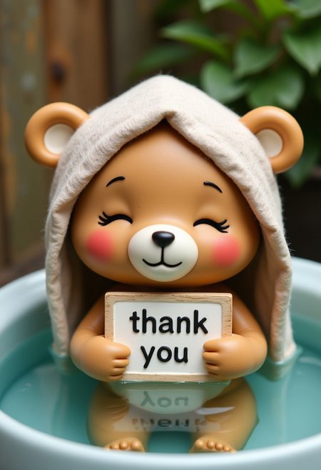 Cute bear doll, upper body, holding sign with both hands, sign says “thank you”, eyes closed, smiling, soaking in hot spring, relaxed, cheeks red, square of cloth folded over head, clay model image,