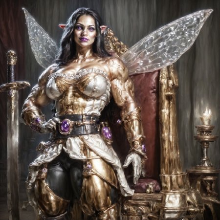 Action scene, Photo realistic, hyper realistic, score_9, rating_safe, solo (arch fey woman, (beautiful detailed face), (violet eyes), (bronze metallic gold skin ral-polishedsteel), (pirate, white blouse, black pants, gloves), (fairy wings), (long black hair), (thick thighs | large muscles), (sword belt)), standing next to a throne, in a detailed throne room, hi res, hi quality, 4k, realism