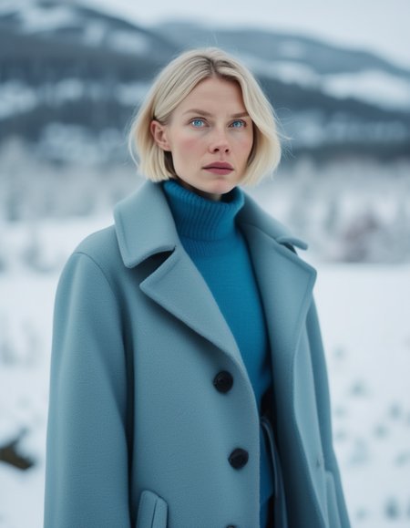A portrait of a Scandinavian woman with pale blonde hair cut in a sharp bob, her icy blue eyes striking against her fair skin. She wears a minimalist, high-collared coat in a soft, grey wool, and her expression is cool and composed, like the snowy landscape she calls home. <lora:usual-portrait-v2:1>