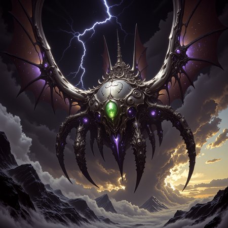 highly detailed, intricate, detailed background, famous artwork inspired by jesper myrtos, 1990s high fantasy style painting, fractal patterns, dramatic sky, this image shows the fearsome "roaring thundervorb", an ethereal and mysterious airborne invertebrate with enormous iridescent, furlyfrongled gas bladders, it navigates the clouds in the dense atmosphere of the tempestuous alien planet "cyclone larry" with ethereal blunderworbling grace, golden ratio, black, deep purple, beige, cold greens, dramatic sky, lightning, in the style of ck-ovf, amanoer, dnddarkestfantasy, 
<lora:style-oneviolentfantasy-ep21-flux-by_chronoknight:0.48> 
<lora:style-yoshitaka_amano-elden_ring-flux-by_alicient:0.36> 
<lora:style-dnd_dark_fantasy-flux-by_arsmachina:0.88> 
<lora:epic_gorgeous_details-balance-flux-by_flyway:0.56>