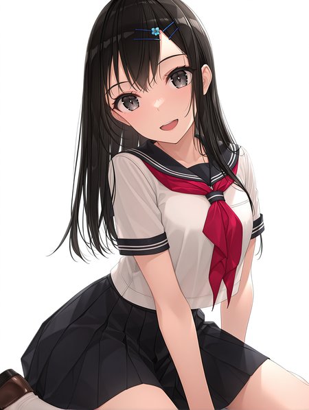 masterpiece,best quality,newest,
1girl,solo,
<lora:ikuta_risa_ilxl_v1.1:1>,risa,hairclip,black hair,black eyes,
r_clothes,serafuku,red neckerchief,short_sleeves,black skirt,white socks,brown loafers,
<lora:Fixhands_anime_bdsqlsz_V1:1>,wariza,hand on floor,white_background,simple_background,:d,