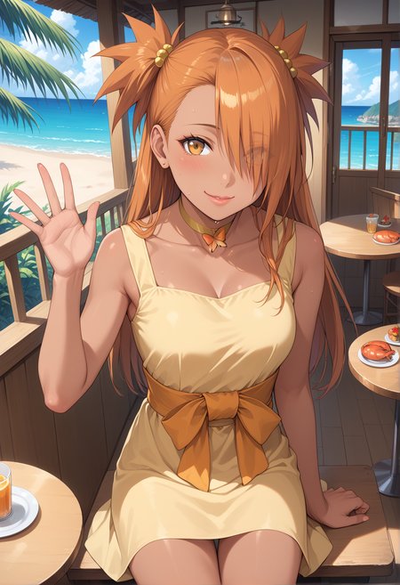 score_9, score_8_up, score_7_up, score_6_up,
source_anime, masterpiece, newest, Highly detailed, 1girl, 1boy, slender, innocent, chocho akimichi, chodress, alternate costume, beautiful face, (dark skin, dark skinned woman), sweat, orange hair, lip gloss, Mascara, two spiky ponytails, long hair, head tilt, shy, blush, hair over left eye, yellow dress, sleeveless, butterfly choker, orange obi, orange bow, yellow stilettos, asymmetrical perky teardrop-shaped boobs, athletic build, from above, cowboy shot, spoken heart, heart, seagull, crab, ocean, dock, outdoors, golden hour, palm tree, wind, realistic shadows, <lora:Akimichi_Chocho_pony_rc4-000008:1>, smiling, happy, content, gentle, affectionate, playful, mischievous, yellow choker, butterfly pendant, yellow dress, cafe, flirting with Chief, waving, hugging Chief, pressing chest against Chief, playing with dress hem, showing panties and thighs, walking in front of Chief, holding door, sitting in cafe booth, resting elbows on table, leaning forward, propping chin on hands, squeezing Chief's hand