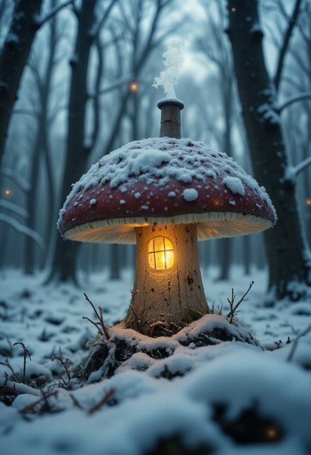 A super close-up of a small mushroom house, resembling a red-and-white lighthouse, standing at the edge of a tiny snow-covered clearing in the forest. The mushroom’s cap is dusted with a layer of fresh snow, with a thin wisp of smoke rising from a tiny chimney on top. Its translucent, wet surface softly glows, casting a warm, inviting light over the snow-blanketed forest floor. The surrounding trees are heavy with snow, their branches bending under the weight. The cold winter air feels still, except for the soft fall of snowflakes, and the mushroom’s light gently illuminates the frosty, magical scene, offering a cozy refuge in the heart of the frozen forest. Floating particles, dense snowfall,
